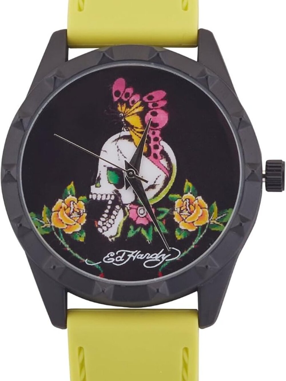 Ed Hardy Women's Skull Butterfly Dial Watch Neon Yellow Silicone Strap